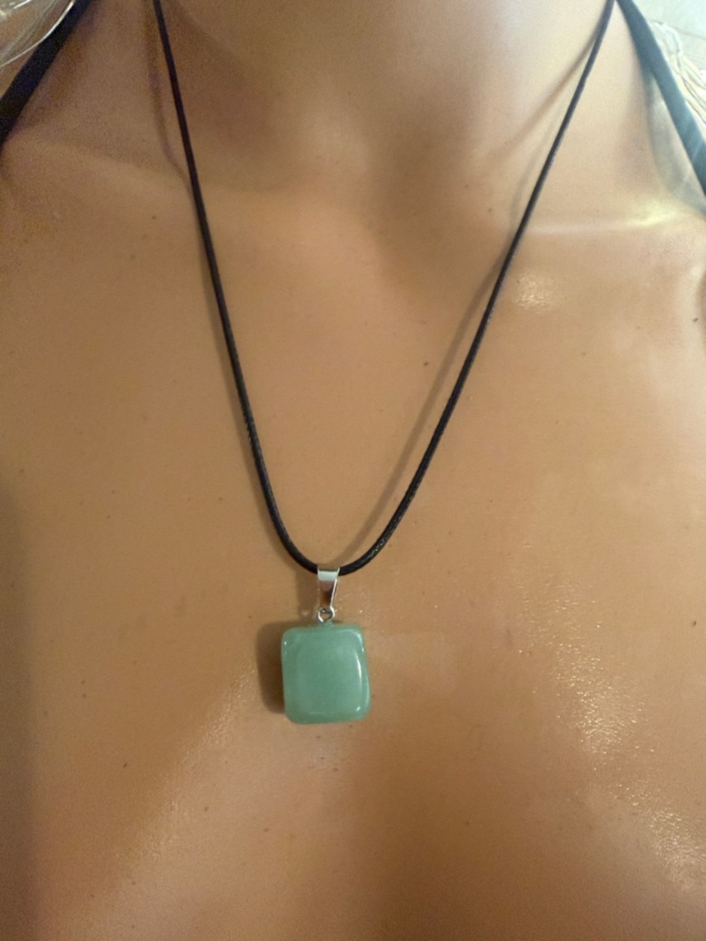 Green Square Gemstone Pendant Necklace on Black Cord